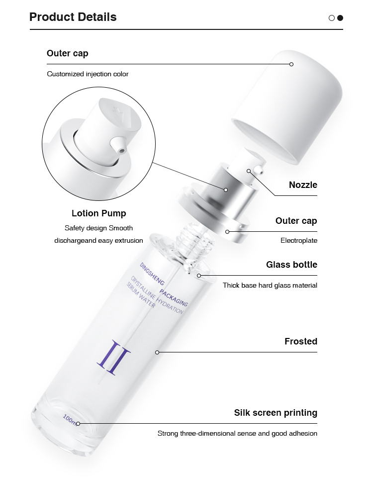 Detailed view of smooth discharge lotion pump with silver electroplated collar Detailed view of smooth discharge lotion pump with silver electroplated collar