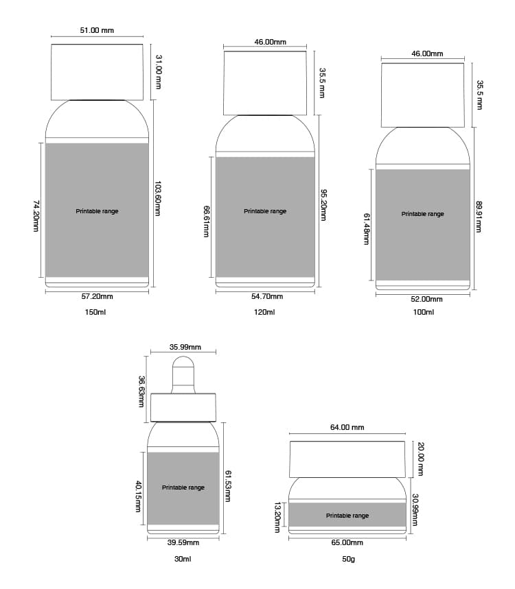 Printable range dimensions for 30ml dropper bottle and 50g cosmetic jar Printable range dimensions for 30ml dropper bottle and 50g cosmetic jar