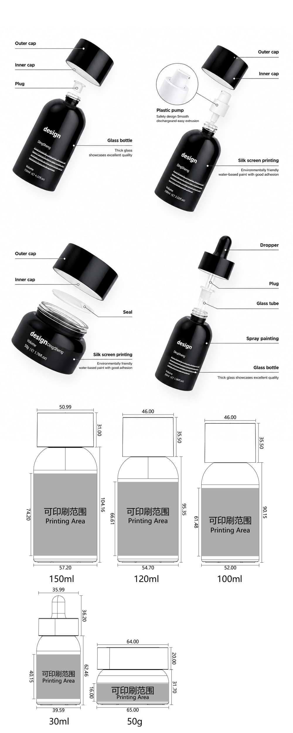 Opaque White Glass Cosmetic Bottles with Blue Caps